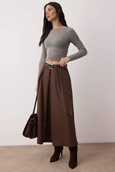 Trendyol Collection Dark Brown Belted Bell/A-Line Woven Long Maxi Skirt Twoaw26Et00168