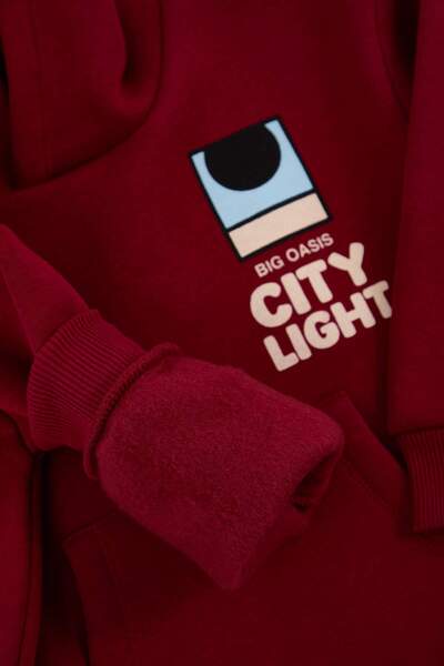 TRENDYOLKIDS Claret Red Cotton Hooded Thick/Inside Fleece O Oversized Boys' Knitted Bottom - Top Set Tkdaw26Au00035