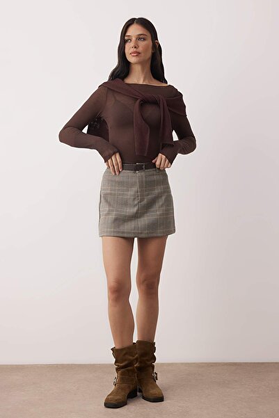 Trendyol Collection Кафява пола с колан и мини карета TWOAW26ET00166