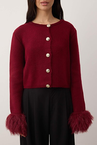 Trendyol Collection Burgundy Otriş and Button Detailed Knitwear Cardigan Twoaw26Hi00280