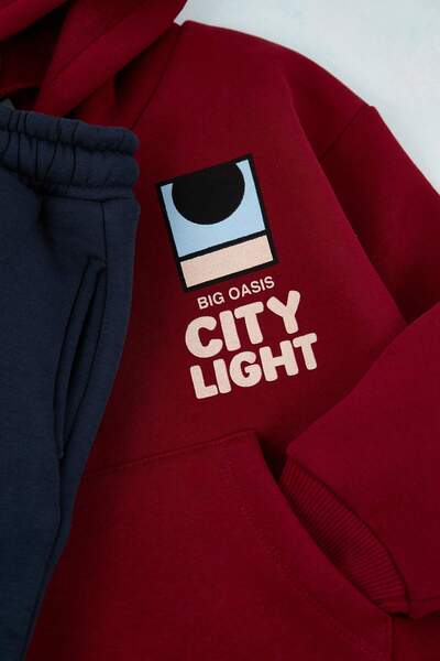 TRENDYOLKIDS Claret Red Cotton Hooded Thick/Inside Fleece O Oversized Boys' Knitted Bottom - Top Set Tkdaw26Au00035