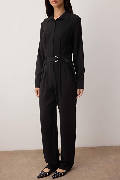 Trendyol Collection Black Shirt Collar Draped Pipe Leg Jumpsuit Twoaw26Tu00011