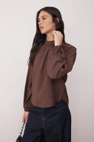 Trendyol Collection Ειδική συλλογή Μπλούζα ψηλός λαιμός Modal Woven με καφέ μανίκια με μπαλόνια TWOAW26BZ00145