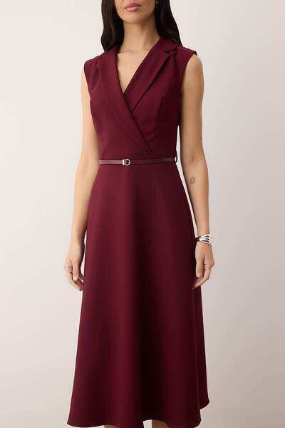 Trendyol Collection Special Collection Dark Burgundy Belt Detailed Midi Woven Dress Twoaw26El00077