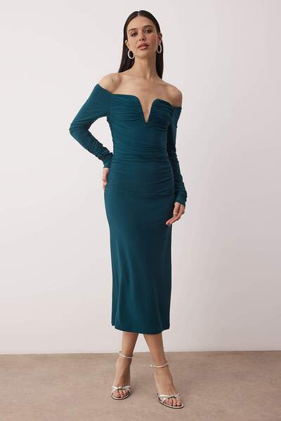 Trendyol Collection Rochie Petrol mulat Carmen Yaka din material subțire TPRAW25EL00073