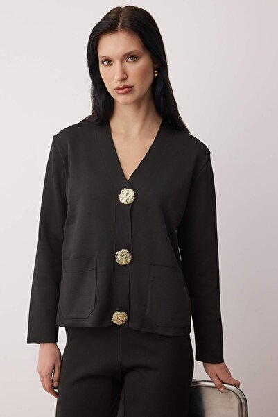 Trendyol Collection Black V-Neck Button Detailed Cardigan-Pants Knitwear Bottom - Top Set Twoaw26Au00045