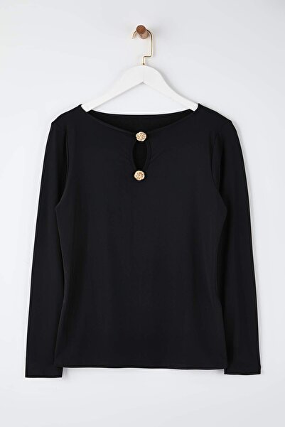 Trendyol Curve Black Fitted/Bodycon Accessory/Cut Out Detailed Long Sleeve Stretchy Knitted Blouse Tbbaw26Af00128