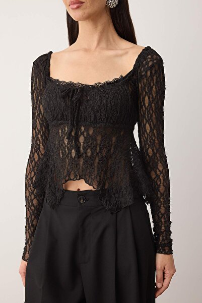 Trendyol Collection Black Square Neck Lace Party Blouse Tpraw26Bz00070