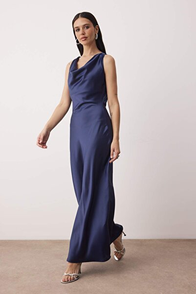 Trendyol Collection Navy Blue A-Line Degaje Collar Satin Maxi Stylish Dress Tprss25El00318