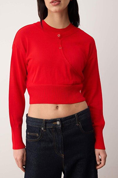 Trendyol Collection Roter Strickpullover mit Rundhalsausschnitt und Blusen-Cardigan-Stil TWOAW26KZ00280