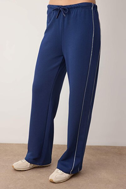 Trendyol Collection Μπλε ναυτικό φαρδύ μπατζάκι / Φαρδιά εφαρμογή διακοσμητικό ρέλι Πλεκτό παντελόνι TWOAW26EA00012