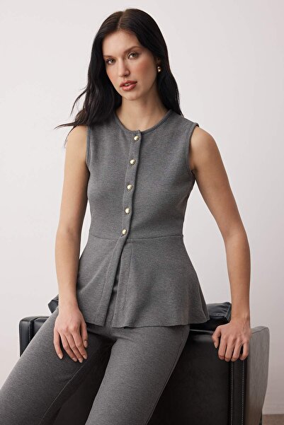 Trendyol Collection Anthracite Thessaloniki Buttoned Waist Opening Wide Leg /Palazzo Bottom Knitted Bottom - Top Set Twoaw26Au00092