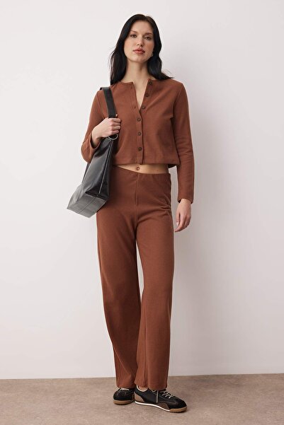 Trendyol Collection Dark Brown 3-Piece Thessaloniki/Triko Look Buttoned Stretch Knitted Bottom - Top Set Twoaw26Au00052
