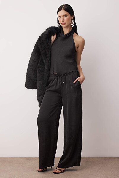 Trendyol Collection Black Degaje Collar Satin Blouse Pants Set Bottom - Top Set Tpraw26Au00004