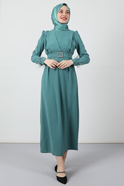 Giza Giyim Φόρεμα Hijab με λεπτομέρεια με πούπουλα Mint