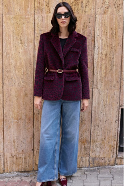 My Blog Burgundy Belted Leopard Plush Jacket - 9614