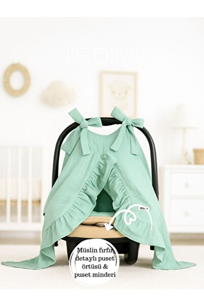 Pedimu Müslin Nilyeşili Renk Fırfır Detaylı Puset Örtüsü Ve Puset Minderi Set