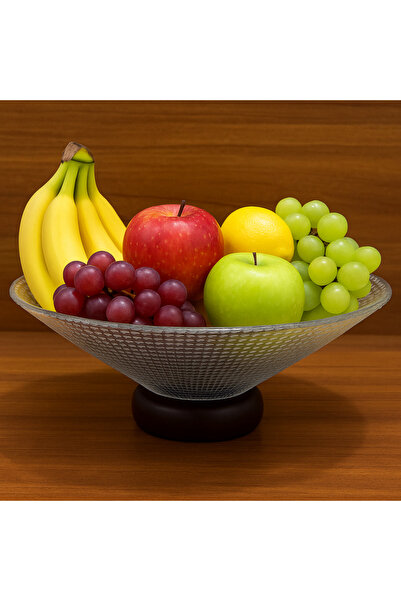 SUPPLIER Glass Fruit Tray with Wooden Base | 27 cm Diameter | Decorative Serving Bowl for Fruits, Desserts &