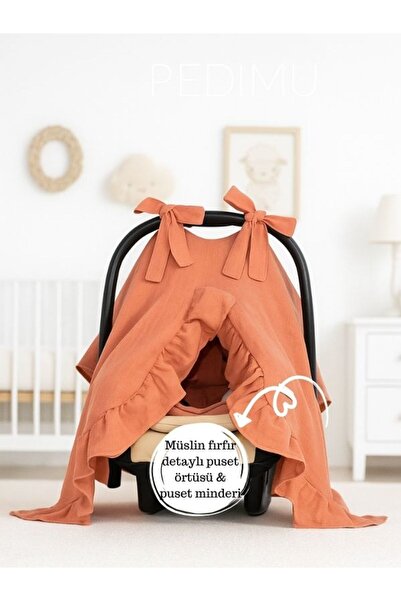 Pedimu Müslin Kiremit Renk Fırfır Detaylı Puset Örtüsü Ve Puset Minderi Set