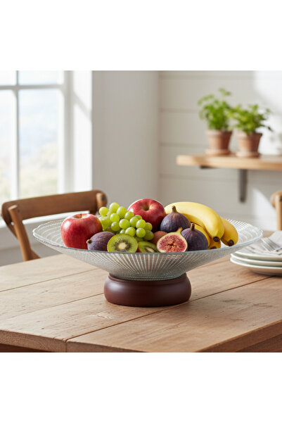 SUPPLIER Glass Fruit Tray with Wooden Base | 27 cm Diameter | Decorative Serving Bowl
