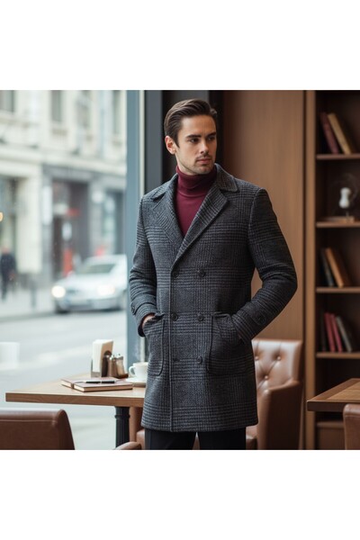 Frappoli Men's Thick Stamp Coat - Plaid Pattern, Regular Fit