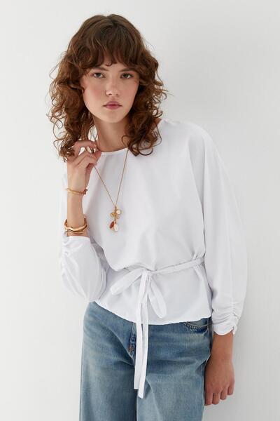 MARKALİSTE Drawstring Cuffed Belted Blouse White