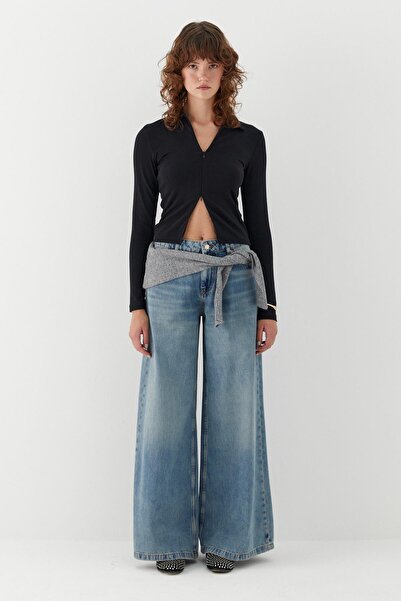 MARKALİSTE Polo Neck Front Hidden Zipper Blouse Black