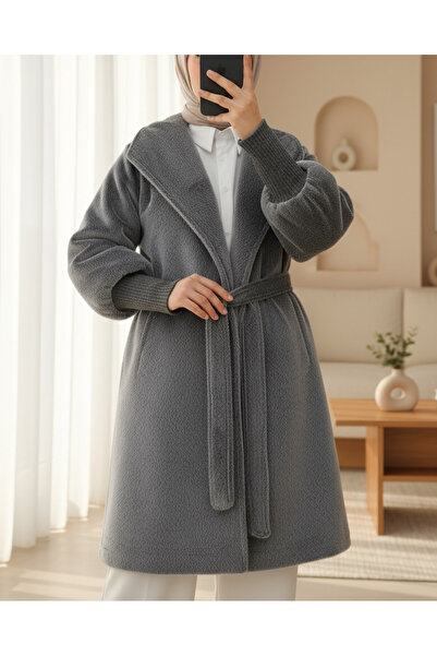 Modamorfo Kolu Ribanalı Şal Yaka Astarlı Kaşe Kaban -Füme