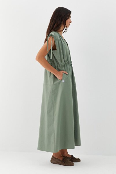 MARKALİSTE Drawstring Detailed V-Neck Dress Khaki