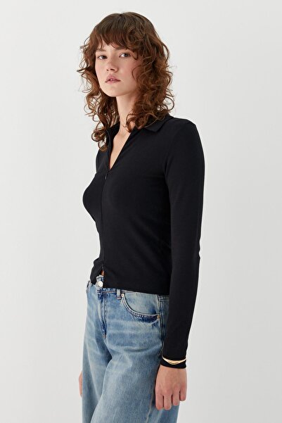 MARKALİSTE Polo Neck Front Hidden Zipper Blouse Black