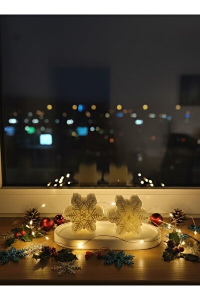 DRN Yılbaşı Beyaz Kar Tanesi Mum Seti, Sunum Tabaklı -3 Parça-