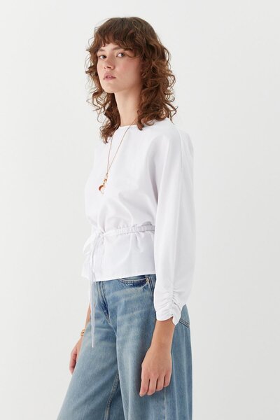 MARKALİSTE Drawstring Cuffed Belted Blouse White