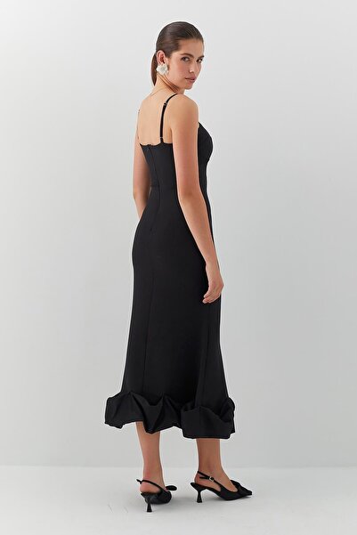 MARKALİSTE Midi Dress with Flared Hem and Straps Black