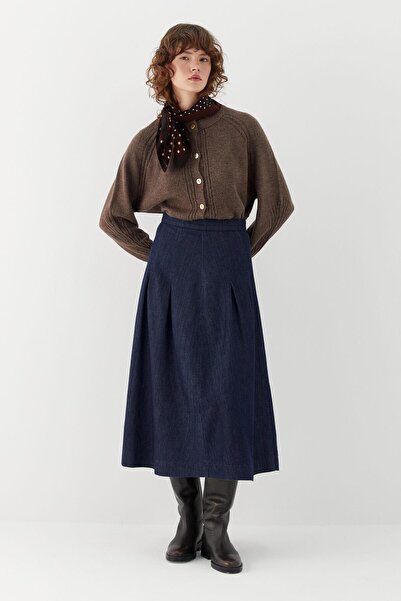 MARKALİSTE High Waist Pleated Midi Skirt Navy Blue