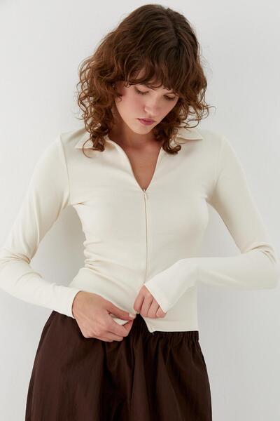 MARKALİSTE Polo Neck Front Hidden Zipper Blouse Ecru