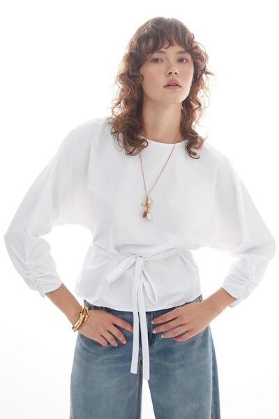 MARKALİSTE Drawstring Cuffed Belted Blouse White