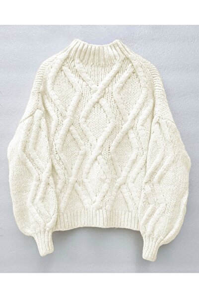 Modamorfo Pulover de iarnă cu mâneci balon cu jumătate de gât - alb