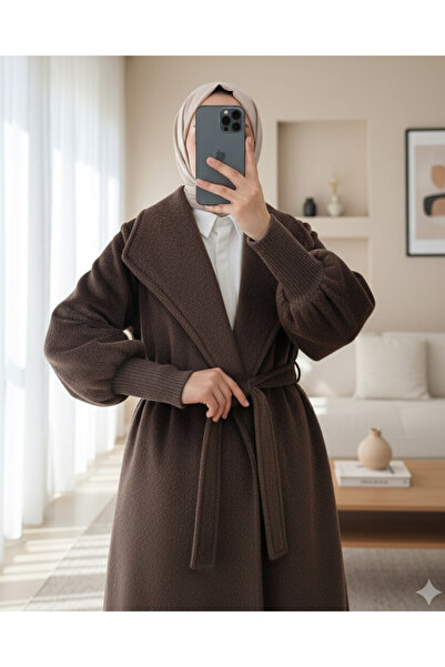 Modamorfo Ribbed Sleeve Shawl Collar Lined Cashmere Coat -K. Brown