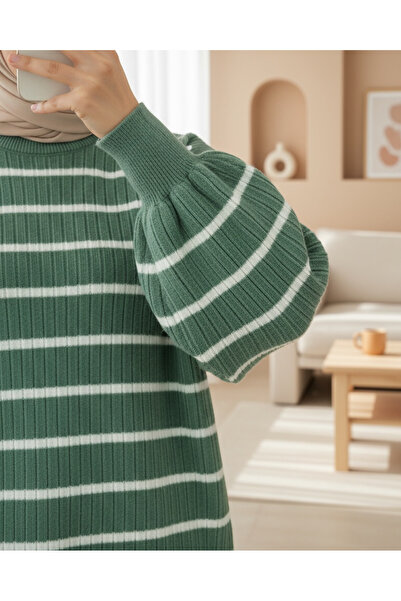 Modamorfo Bisiklet Yaka Fitilli Triko Tunik -Su Yeşili