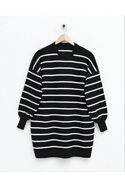 Modamorfo Crew Neck Corded Fabric Knitwear Tunic -Black