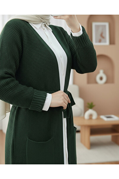 Modamorfo Lace-Up Solid Color Knitted Cardigan - Emerald