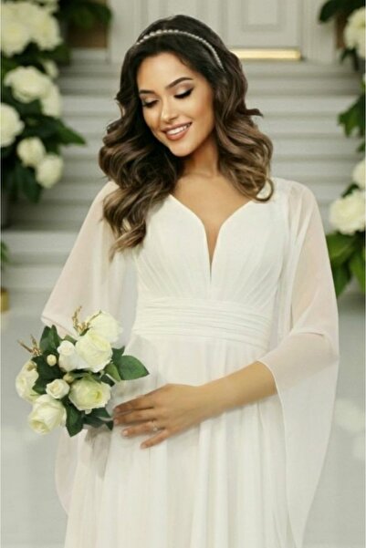 FaBe Fashion Uzun Volan Kollu Kalp Yaka Beli  Büzgülü Midi  Beyaz Şifon Elbise Nikah-nişan-söz-dış Çekim