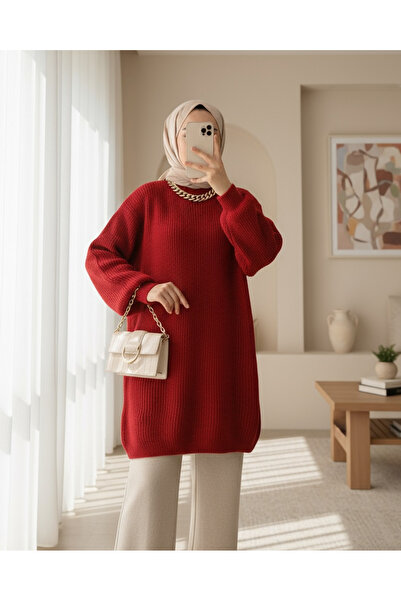 Modamorfo Balloon Sleeve Soft Knitted Knitwear Tunic -Red