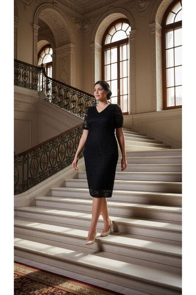 Nidya Moda Büyük Beden Kadın Siyah Dantel Elbise 4161s