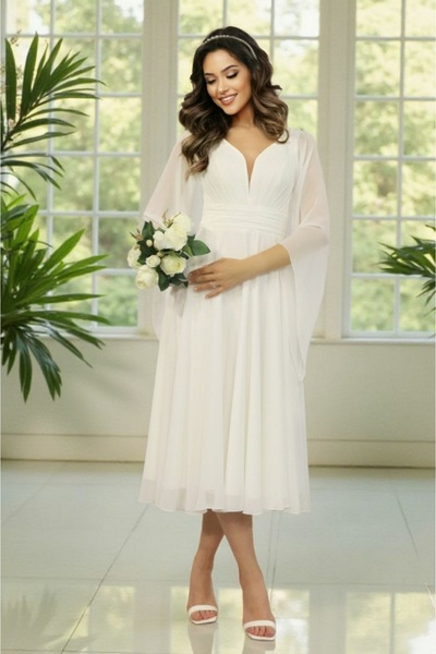 FaBe Fashion Uzun Volan Kollu Kalp Yaka Beli  Büzgülü Midi  Beyaz Şifon Elbis...