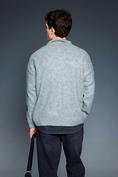 ablukaonline Men's Polo Neck Soft Textured Oversize Sweater Gray