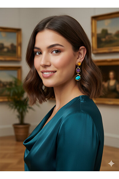 TAKİŞKO Long Design Earrings with Colorful Stones