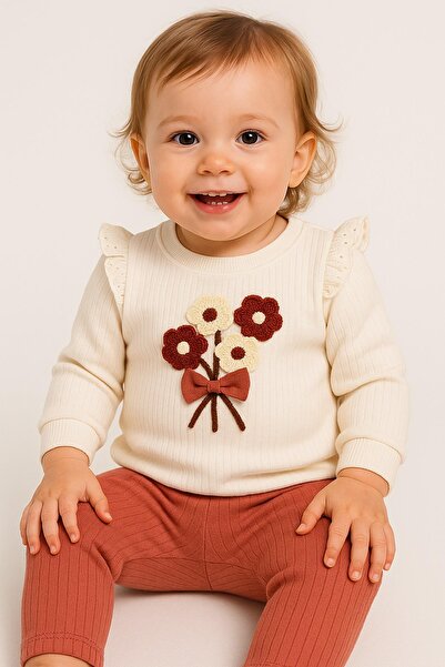 dinamik çocuk Kız Bebek Papatyalı Fiyonklu 2li Alt Üst Takım Süzene Nakışlı F...