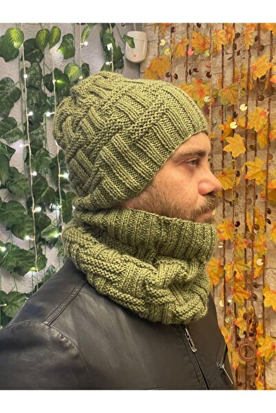 Gönülden Tasarım Hand Knitted Soft Wool Men's Beret Neck Collar Set Unisex