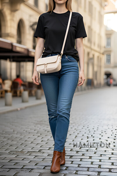 HAMILTON Original Women's Card Holder Cream Cross Adjustable Strap Lined Leather Baguette Daily Shoulder Bag